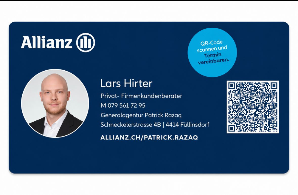 Visitenkarte von Lars Hirter, Privat- und Firmenkundenberater der Allianz Generalagentur Patrick Razaq in Füllinsdorf, mit QR-Code zur Terminvereinbarung